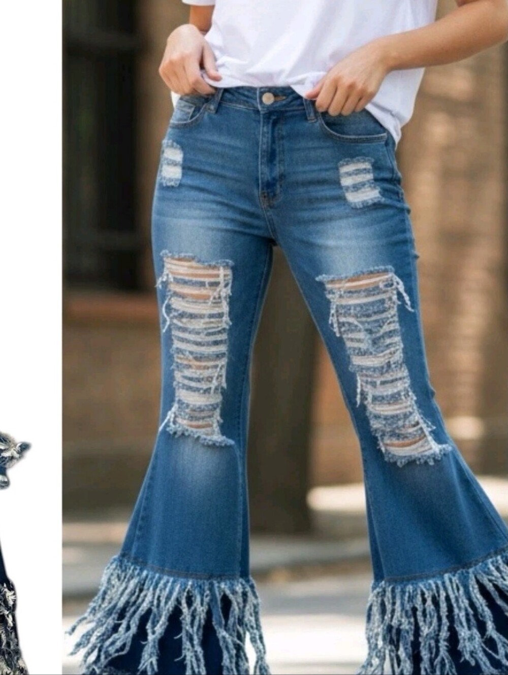 MAP Jeans 8466P Womens 1XL High Rise Distressed Fringe Bell Bottom Flare EUC